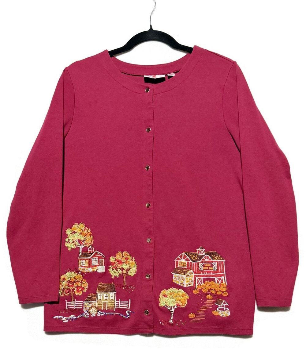 Quacker Factory Snap Front Cardigan Fall Embroidered Lavender Red L Fall Motif